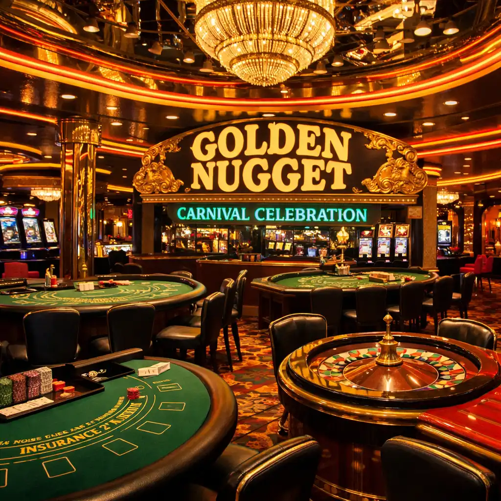Kasyno Golden Nugget na Carnival Celebration ze złotymi i neonowymi akcentami