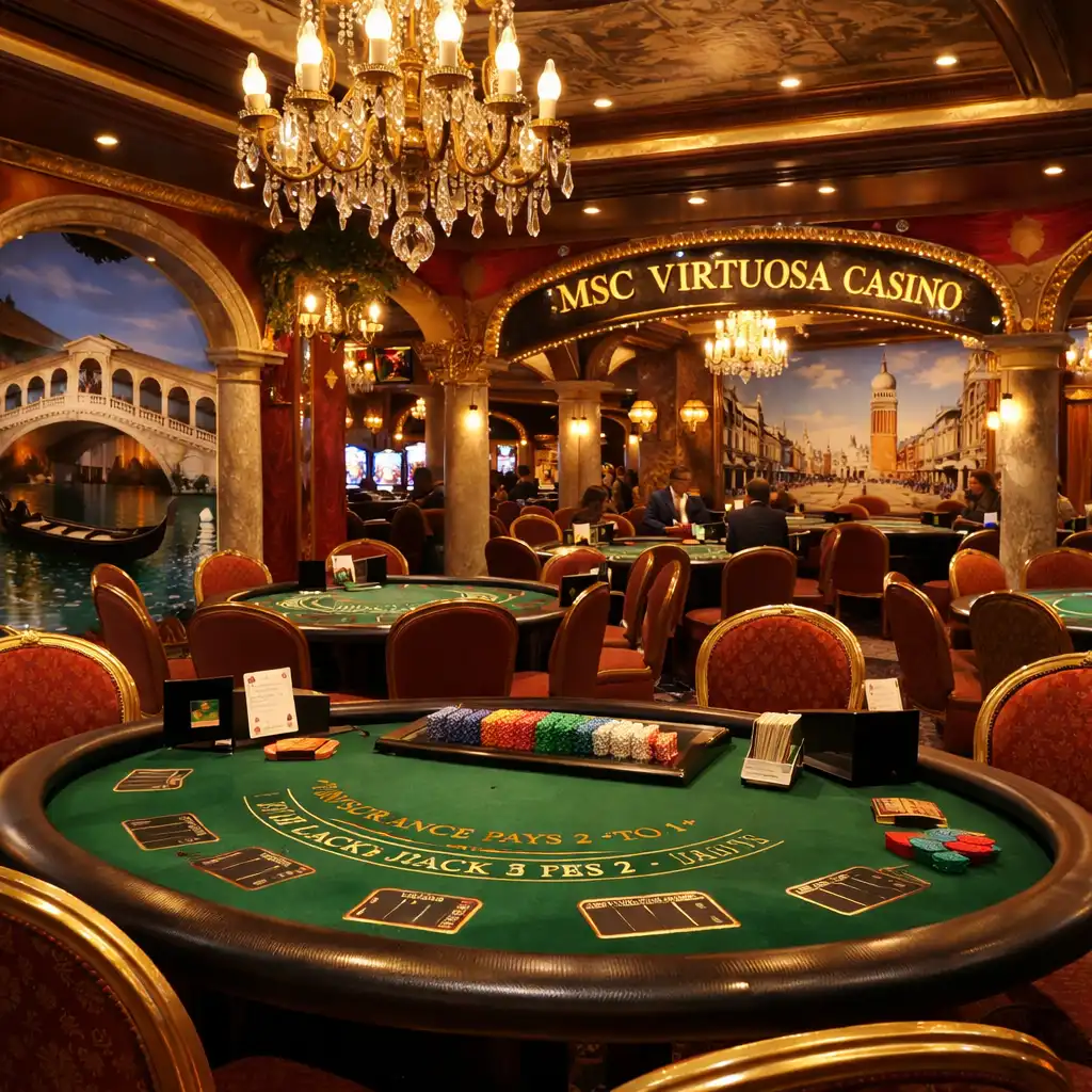 Kasyno na MSC Virtuosa z weneckimi dekoracjami i stołami do blackjacka