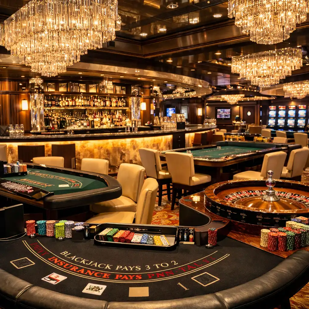 Eleganckie kasyno na Norwegian Bliss ze szklanymi elementami i barem