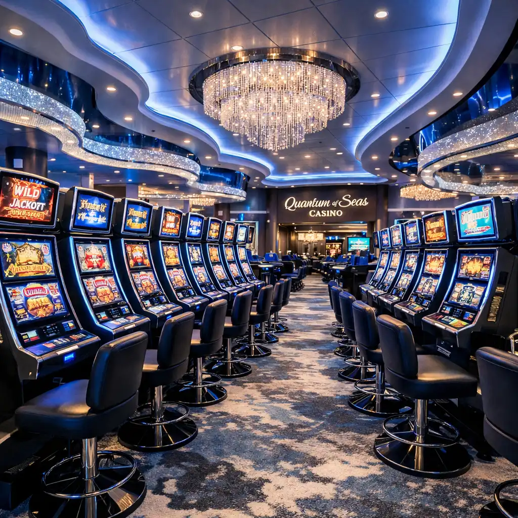 Nowoczesne kasyno na statku Quantum of the Seas z rzędami automatów