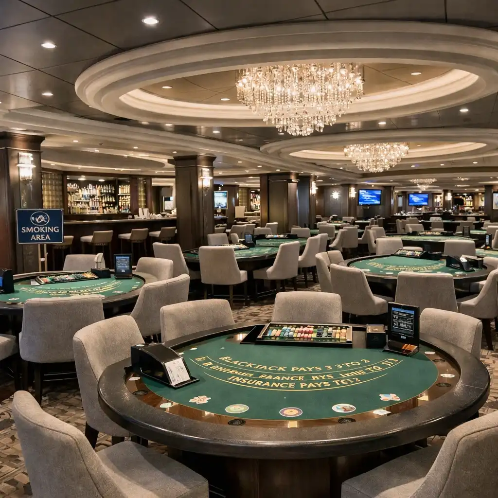 Eleganckie kasyno na statku MSC Meraviglia ze stołami do blackjacka i sekcją dla niepalących
