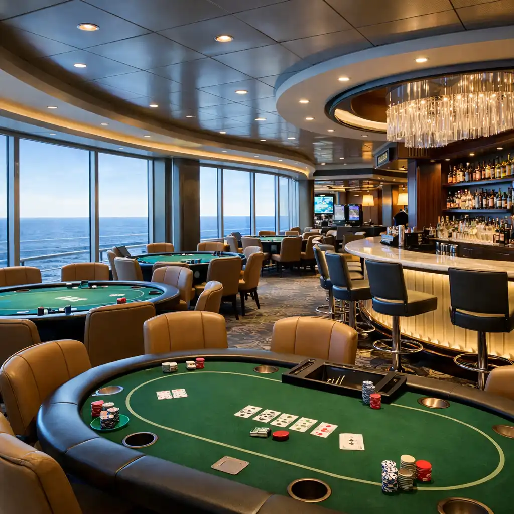 Kasyno na statku Norwegian Bliss z panoramicznym oknem na ocean i stołami do pokera