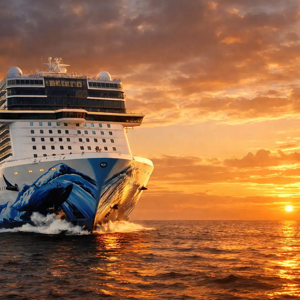 Statek wycieczkowy Norwegian Bliss na morzu o zachodzie słońca