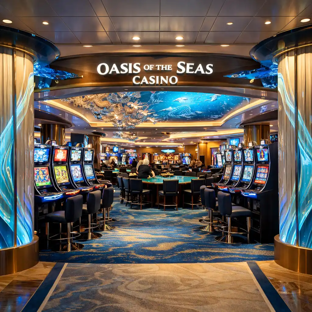 Wnętrze kasyna na statku Oasis of the Seas z automatami i stołami do blackjacka