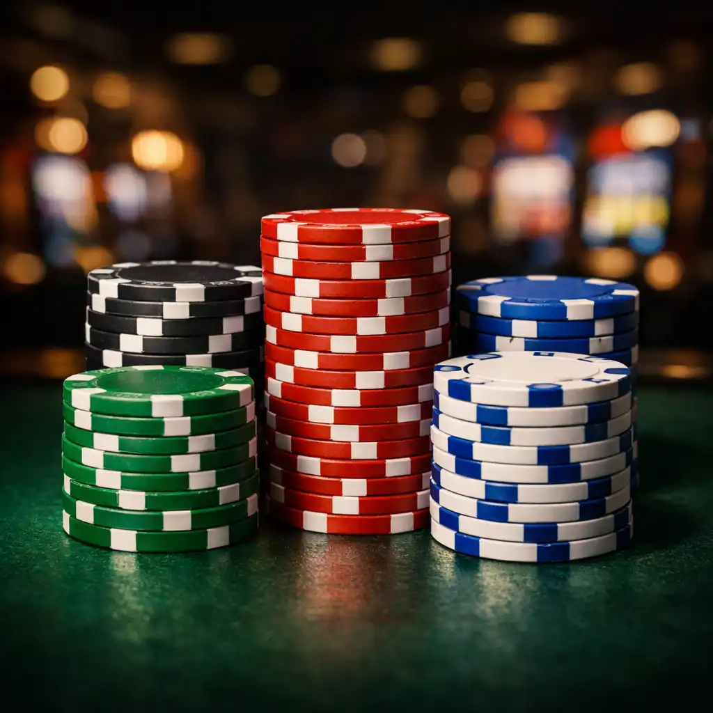Stos kolorowych żetonów pokerowych na tle kasyna