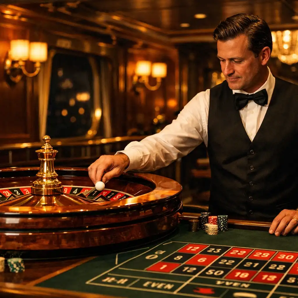Stół do ruletki w eleganckim kasynie na statku z krupierem